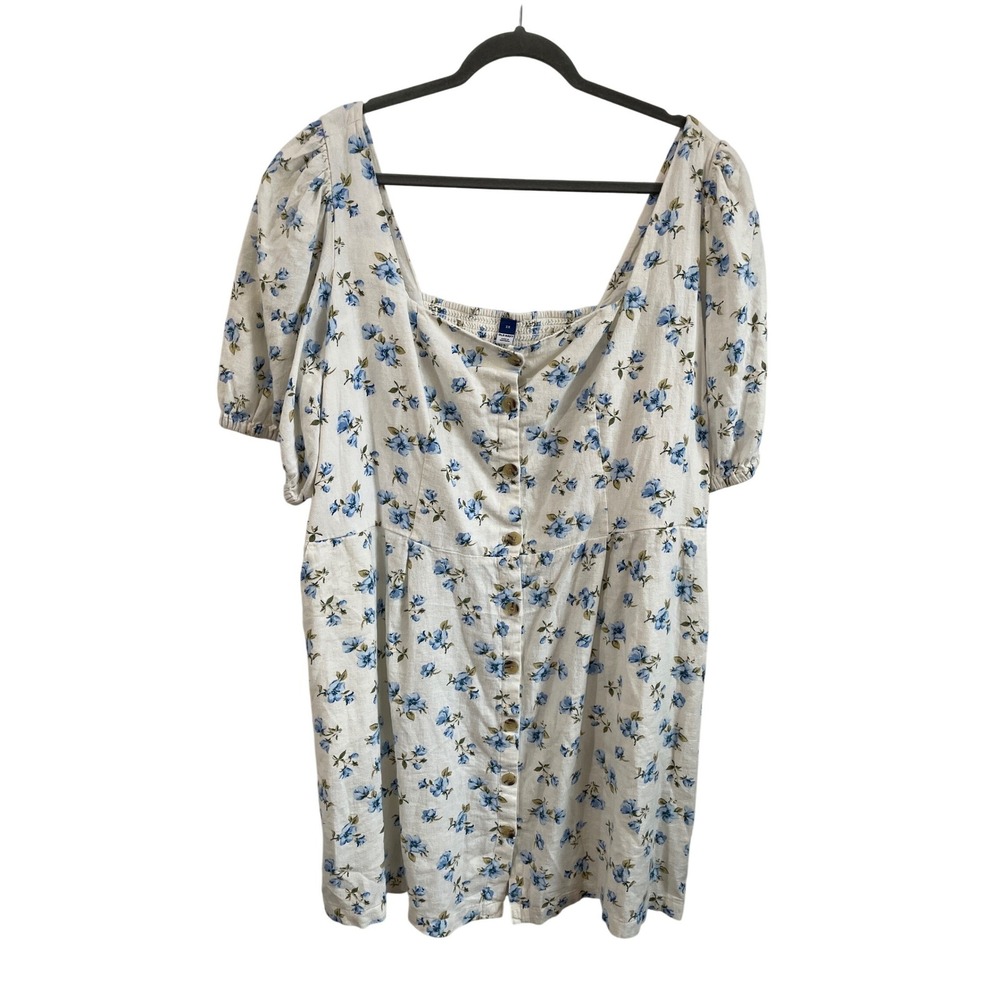 Old Navy Womens 3X Blue Floral Linen Blend Puff Sleeve Button Front Mini‎ Dress